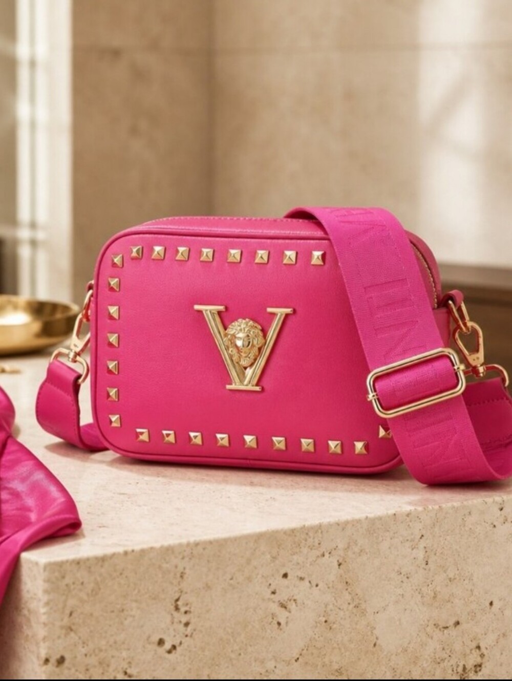 NWT Valentino Orlando Hot Pink Studded Camera Crossbody Gold V Logo